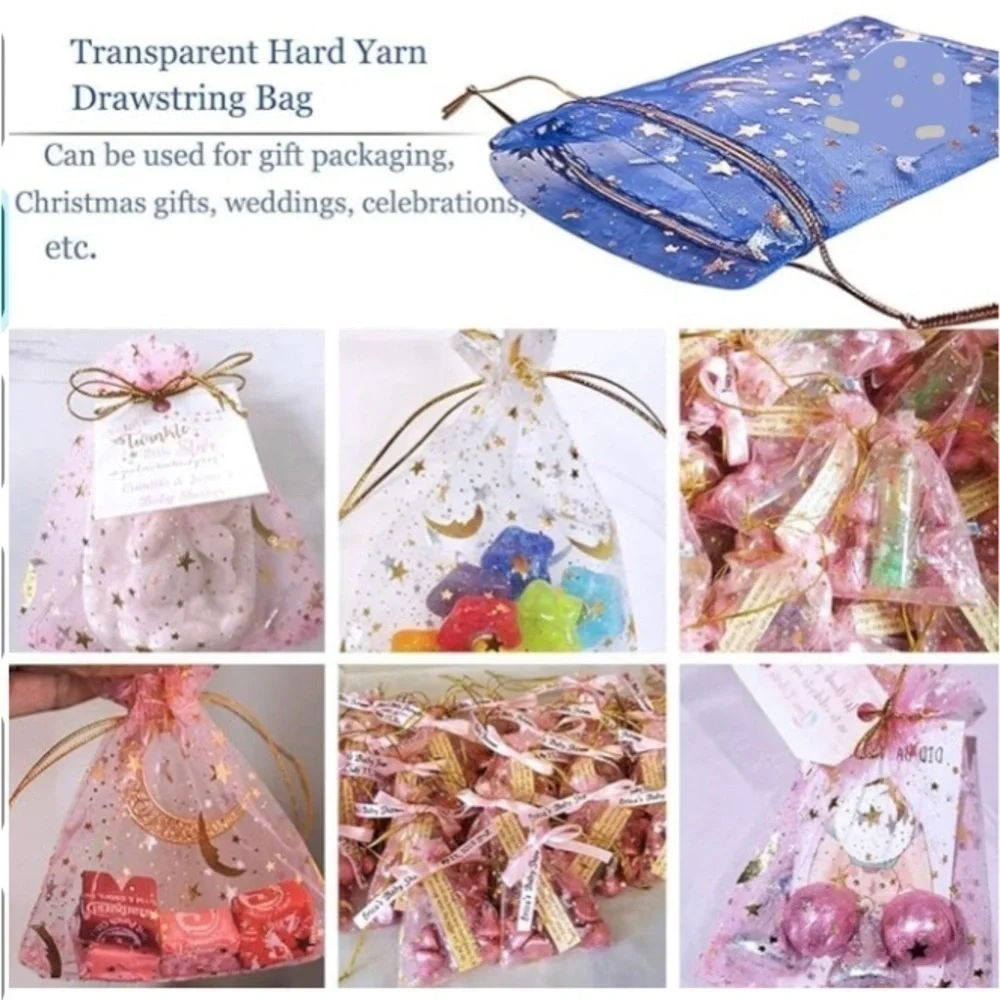 12 Count - Moon + Star Small Jewelry Organza Drawstring Bags, ~4 x 5 inches